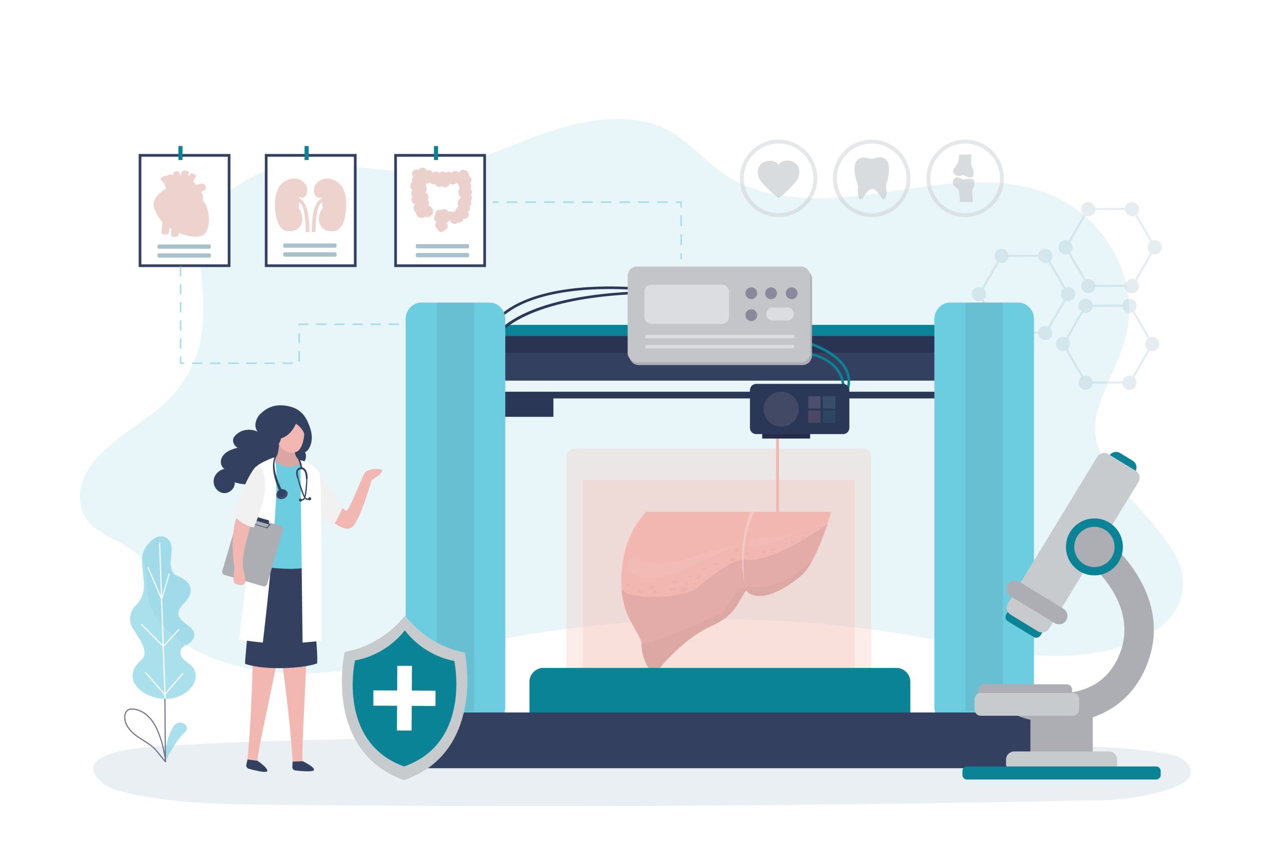 3D Bioprinter. Human Organs replicated. Concept of bioprinting of tissues and organs. Woman scientist with 3D printer. Laboratory staff or female medical worker.
