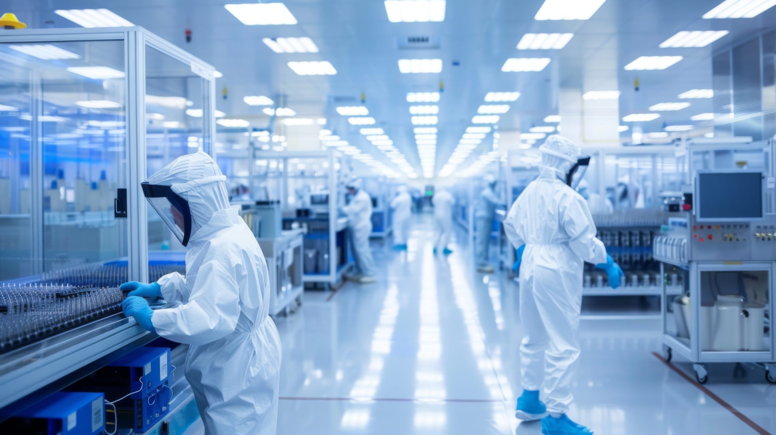 Scientists in cleanroom suits working in a high-tech laboratory facility